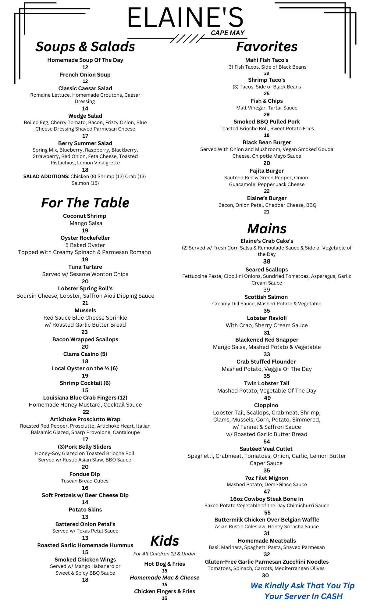 elaines cape may dinner menu
