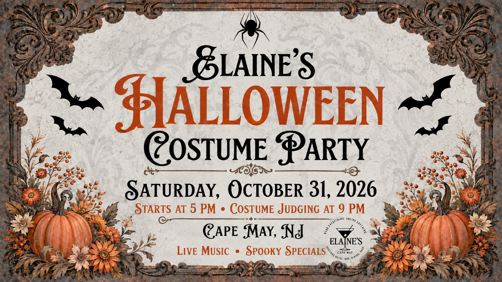 Home - Boutique Hotel Elaine’s Halloween Costume Party in Cape May, October 31, 2026, starting at 5 PM with costume judging at 9 PM.